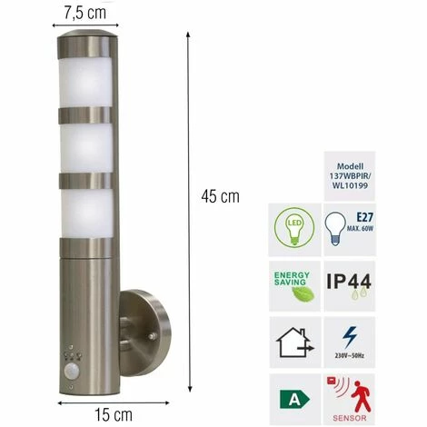 Grafner® Edelstahl Wandlampe mit Bewegungsmelder 137WBPIR Wandleuchte außen Grafner® Edelstahl Wandlampe Mit Bewegungsmelder 137WBPIR Wandleuchte Außen -GRAFNER-shop 9991990 2