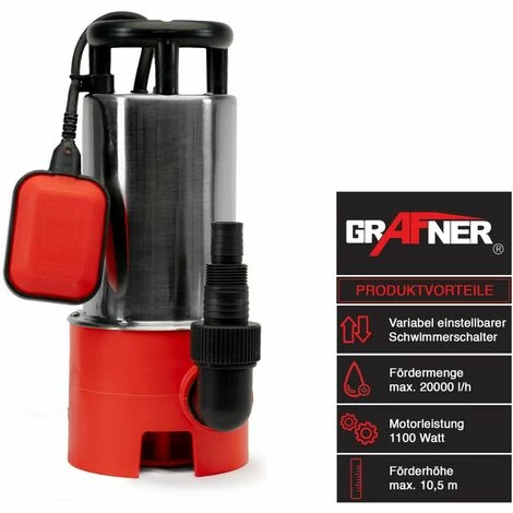 Grafner® Schmutzwassertauchpumpe 1100 Watt 20.000 L/h Schmutzwasserpumpe Gartenpumpe 4 Grafner® Schmutzwassertauchpumpe 1100 Watt 20.000 L/h Schmutzwasserpumpe Gartenpumpe – Bild 2