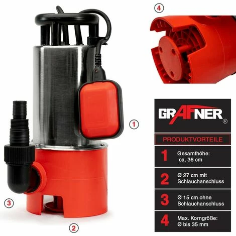 Grafner® Schmutzwassertauchpumpe 1100 Watt 20.000 L/h Schmutzwasserpumpe Gartenpumpe 6 Grafner® Schmutzwassertauchpumpe 1100 Watt 20.000 L/h Schmutzwasserpumpe Gartenpumpe – Bild 4