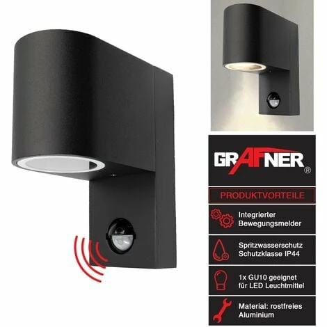 Grafner® Aluminium Wandlampe Mit Bewegungsmelder 37WBPIR Wandleuchte Lichtschein Down/Unten Schwarz 4 Grafner® Aluminium Wandlampe Mit Bewegungsmelder 37WBPIR Wandleuchte Lichtschein Down/Unten Schwarz – Bild 2